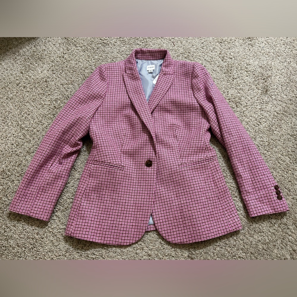 NWT J. Crew Pink Houndstooth Blazer Women's Wool Blend Size 8P Work Campbell